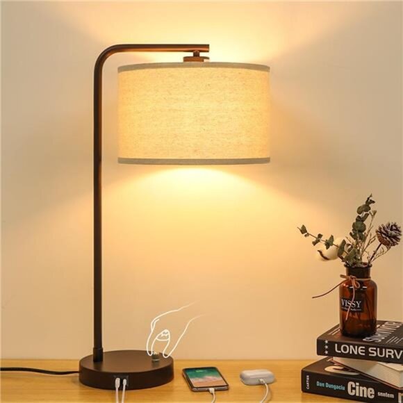 Table Lamp with USB C+A Ports, Fully Stepless Dimmable Modern Bedside Nightstand - Picture 1 of 7